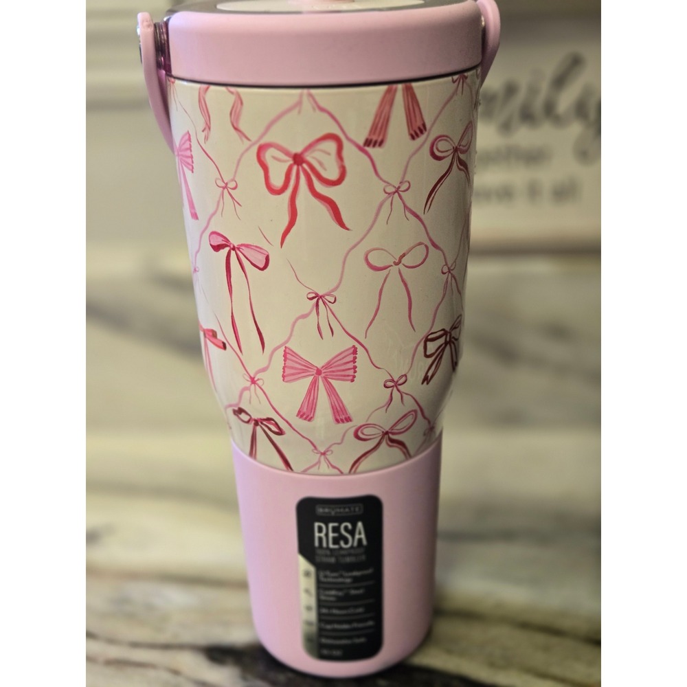 Brumate Resa 35oz Leakproof Straw Tumbler Pink White Bow Lattice Pattern NEW